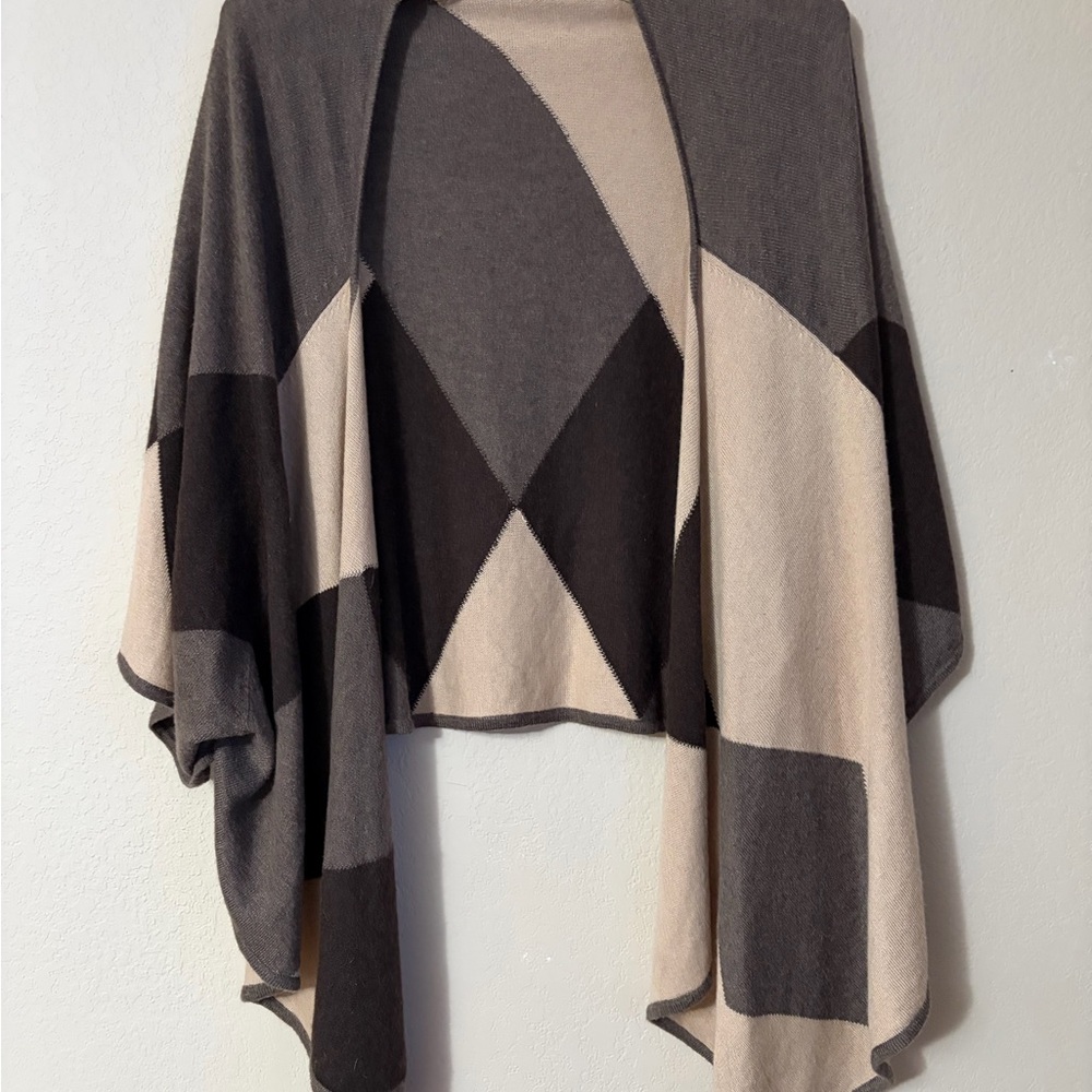 Sisters Geometric Color Block Open Cardigan Shawl‎ Wrap Taupe Cream Boho